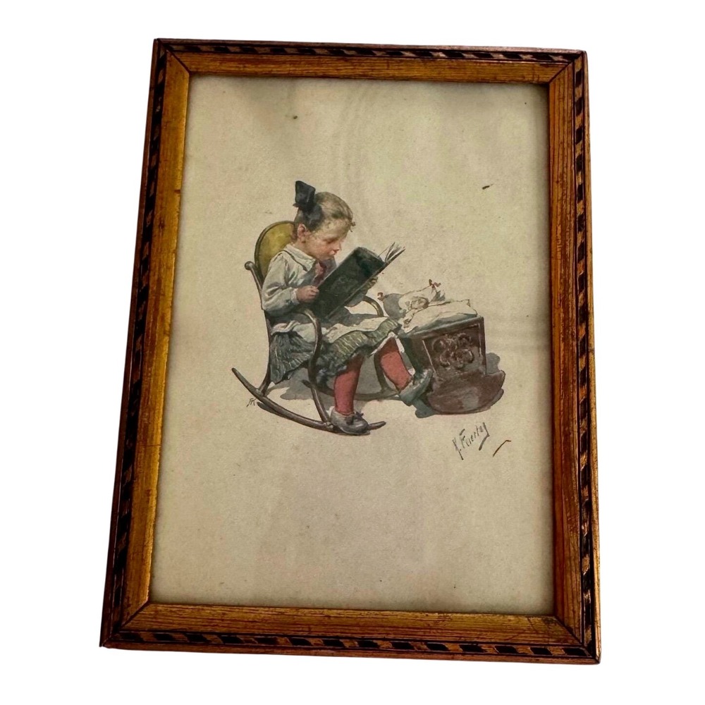 Antique Karl Feuerle Signed Children's Illustration Fine Gilt Wood Inlay Frame